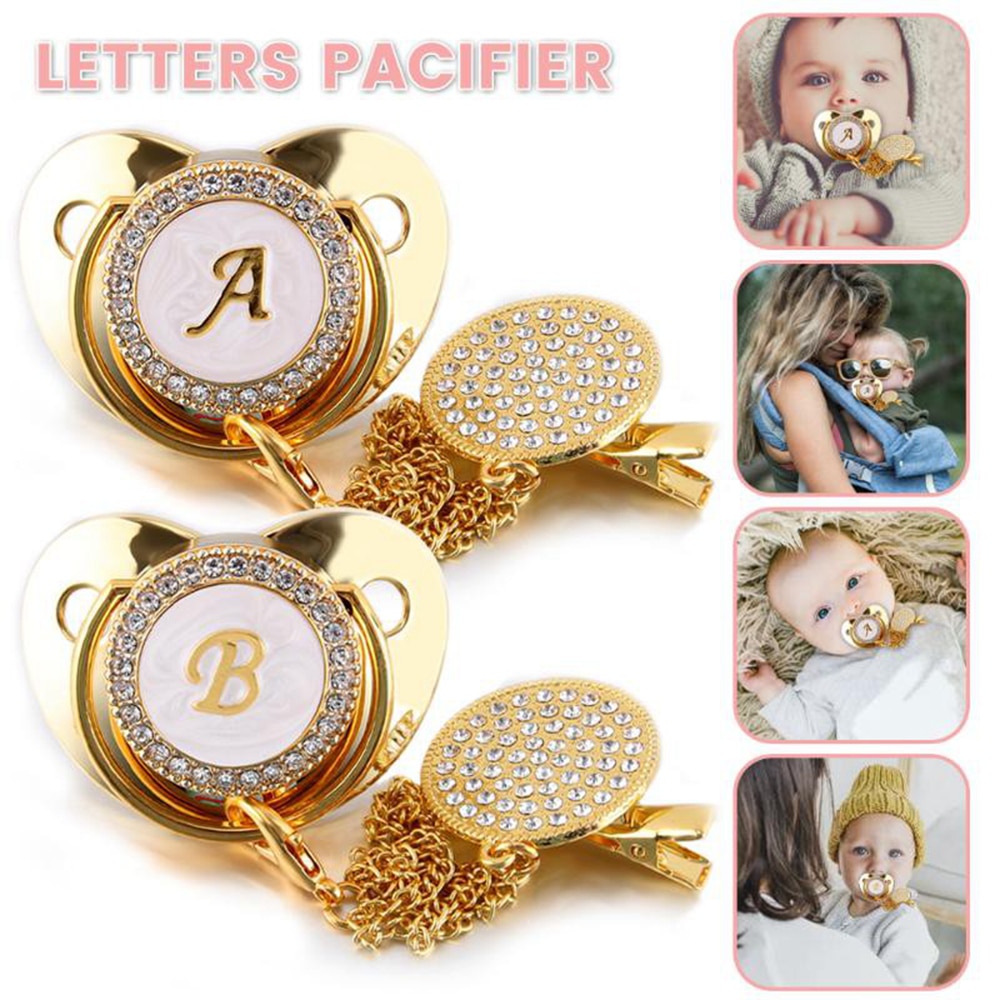 26 Name Initial Letter Baby Pacifier and Pacifier Clips BPA Free Silicone Infant Nipple Gold Bling Newborn Dummy Soother