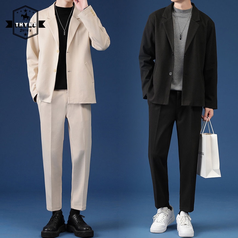 Male Casual Suit Luxury Jackets Blazer Set Streetwear Stylish Korean 2 Pieces Sets with Pants Za 2022 Spring Overcoat & Trousers