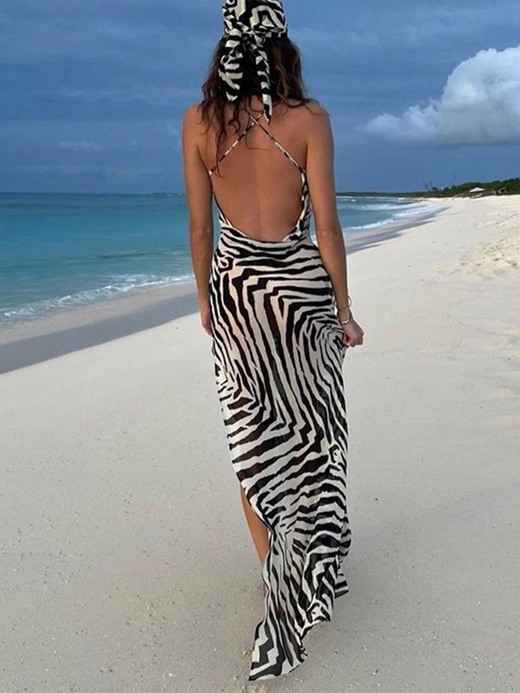 Sexy Spaghetti Strap Side Split Beach Dress Summer Sundress Women Clothes Elegant Zebra Back Open Club Party Dresses