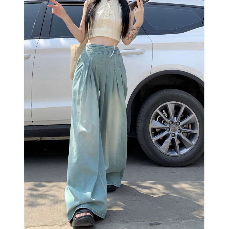 Solid Distressed Washed Mop Jeans American Retro High-waisted Wide-leg Loose Straight-leg Pants Y2k Hot Girl Casual Trousers