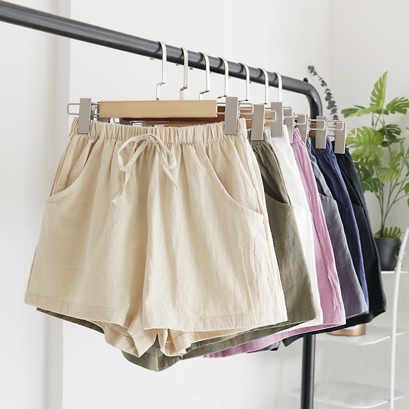 New Summer Cotton Linen Shorts Women's A-line Wide Leg High Waist Loose Pants