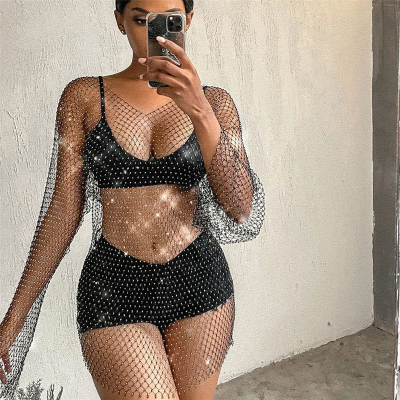 Vintage Diamond Rhinestone Summer Women Sexy Bikini Cover Up Mesh Fishnet Swimsuit Swimwear Dress Bathing Beachwear Dropshipping