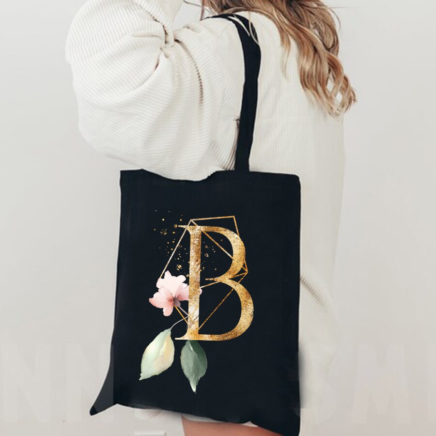 Women Black Shopping Bag Commuter Pink Flower Letters Initial Name Pattern Printing Series Canvas Shoulder Bag Tote Bag Reusable