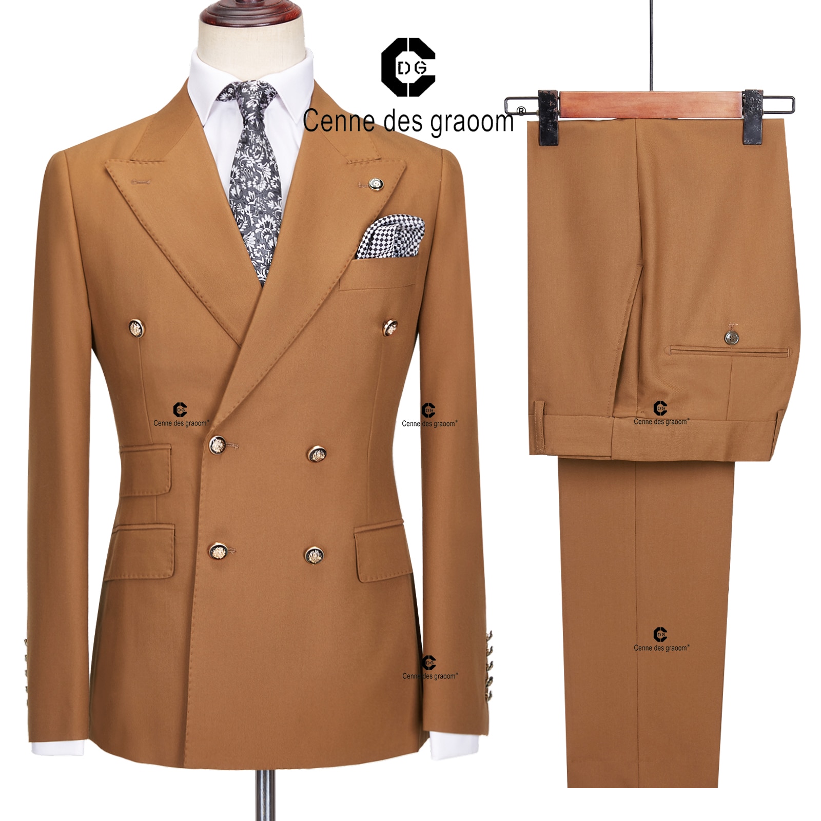 Cenne Des Graoom 2023 New Elegant Suits For Men Double Breasted Two Pieces Set Slim Fit High Quality Wedding Party Costume Brown