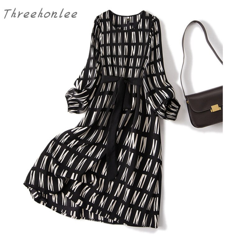 Office Ladies Elegant Long Sleeve Print Chiffon Dresses For Women O Neck High Waist Bandage Slim Dresses For Women Vestido Mujer