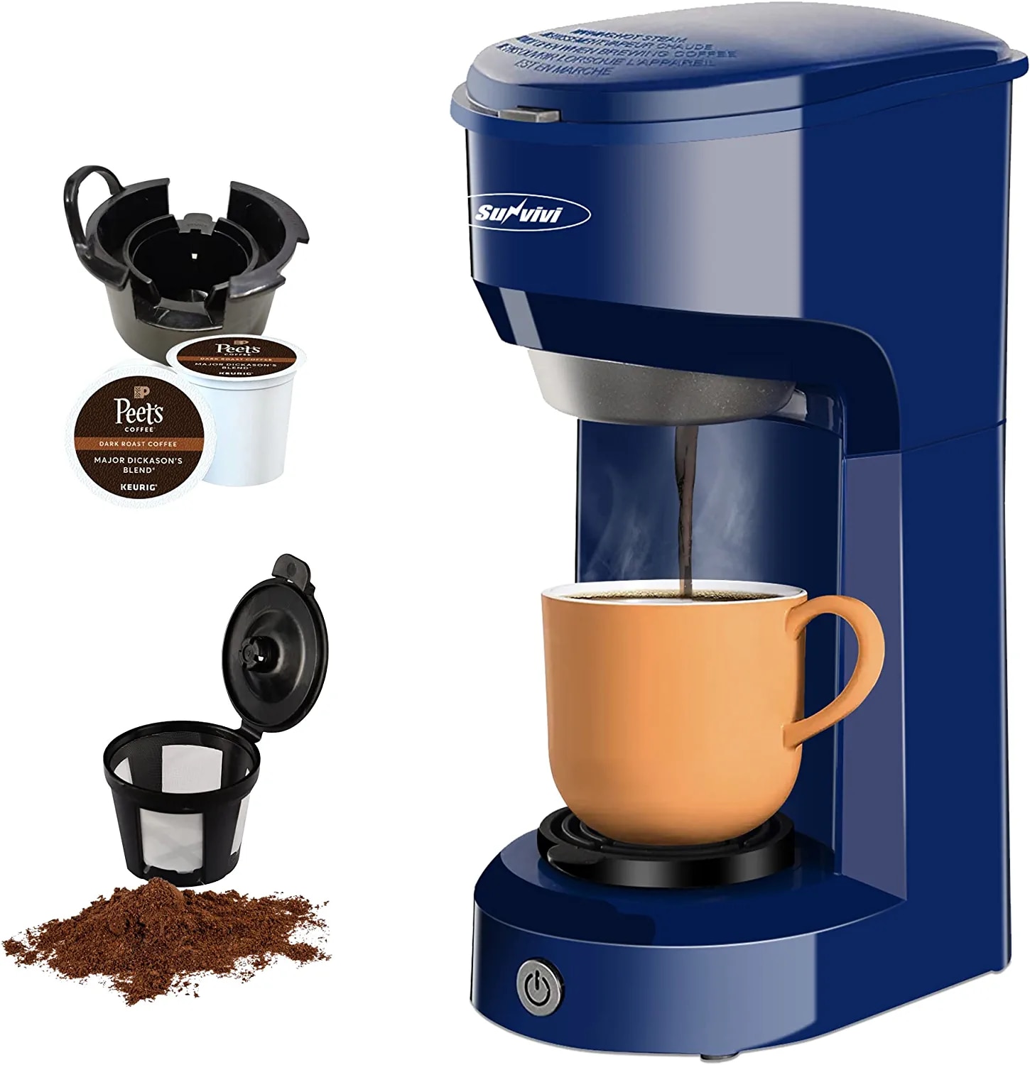 Single Serve Coffee Maker 6-14OZ With Filter Coffee Brewer for K Cup Pods Capsule Ground Coffee  Coffee Machine, Blue