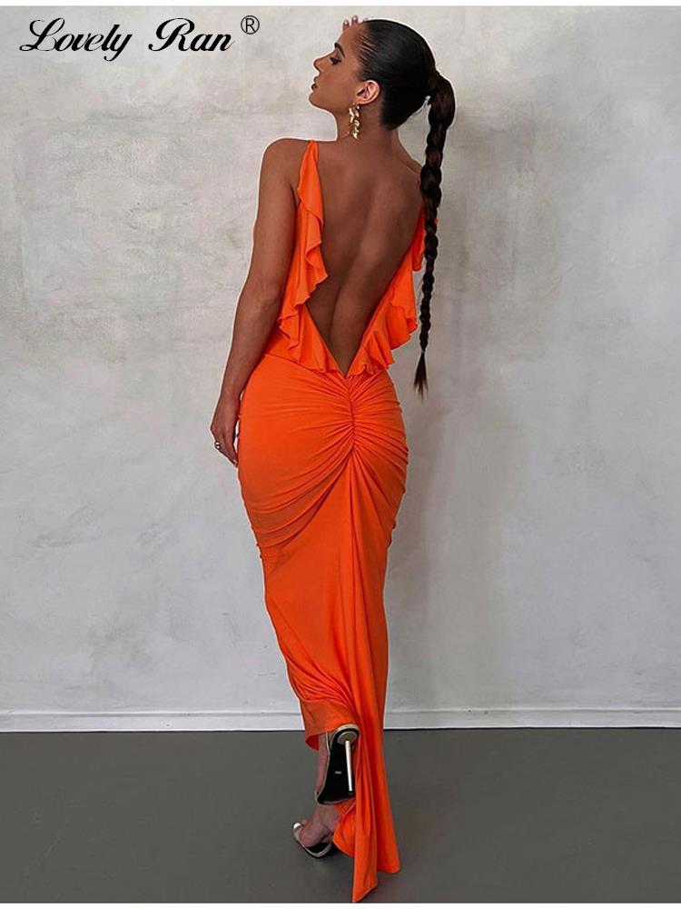 Ruffles Backless Maxi Dress Women Sexy Spaghetti Strap Pleated Hip Package Female Slip Dresses 2023 Spring Ladies Vestidos