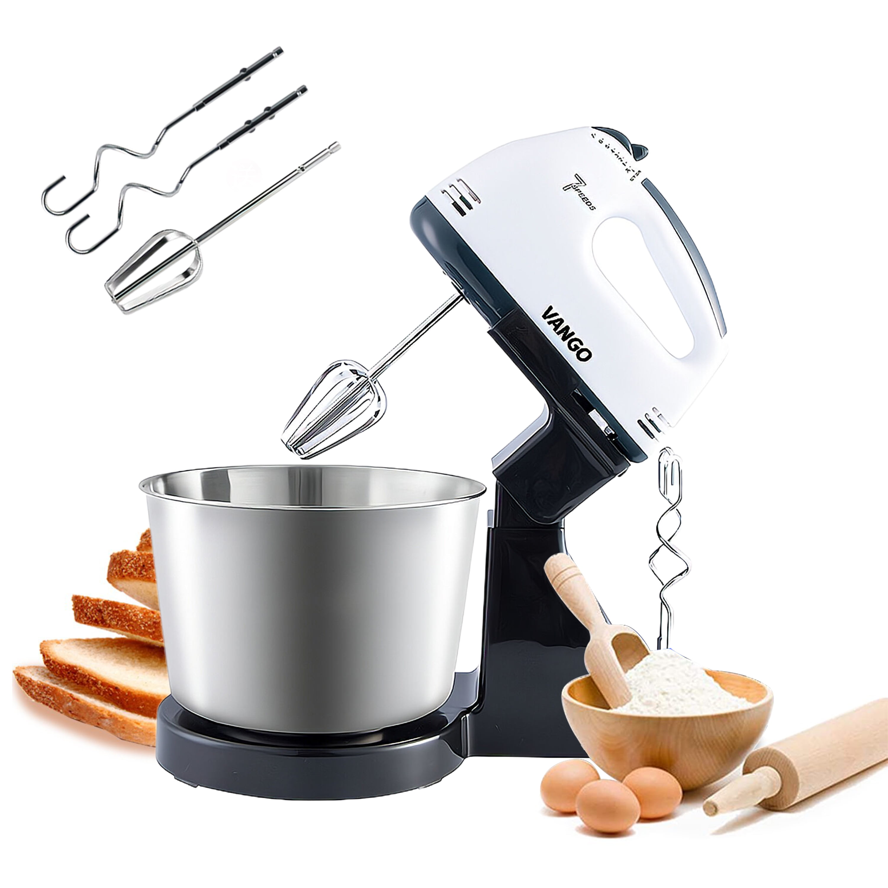 7 Speed Stand Electric Mixer and Hand Mixer,200W Stand Mixer with Stainless Steel Bowl , Beater and Whisk , Electric Food Stand
