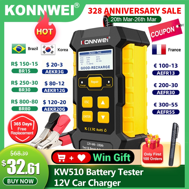 KONNWEI Car Charger 12V KW510 Battery Tester 5A Gel Battery Charger Power Bank Pulse AGM Wet Dry Lead Acid Auto Repair Tools