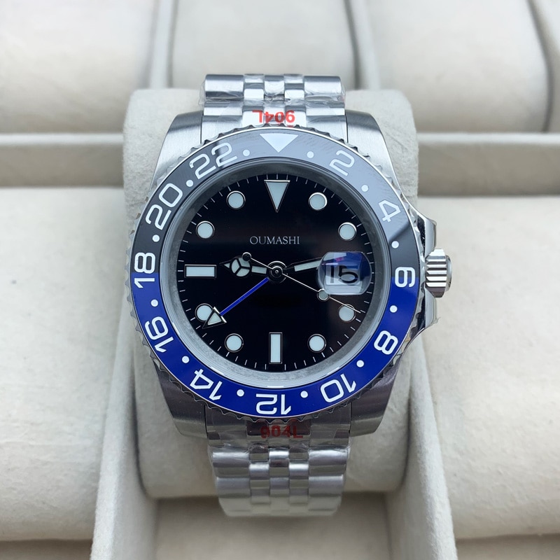 40mm Men's Watch GMT Ceramic Bezel Luminous Water Resistant Sapphire Glass 316 Stainless Steel Jubilee Strap Black Blue