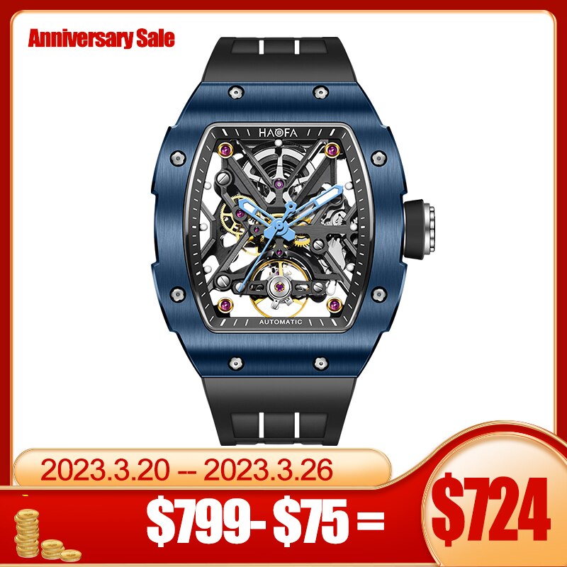 Haofa Skeleton Automatic Mechanical Watch for Men Ceramic Bezel Sapphire Luminous Waterproof Business Sport Self-Wind Watch 1988
