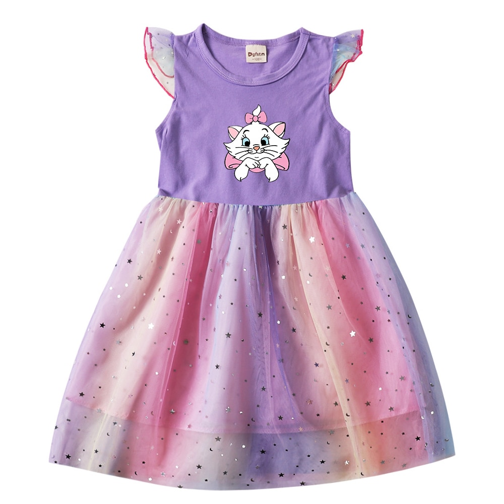 Disney The Aristocats Marie Cat Summer Kids Dresses for Girls Cartoon Short Sleeve Princess Dress Children's Prom Mesh Dresses