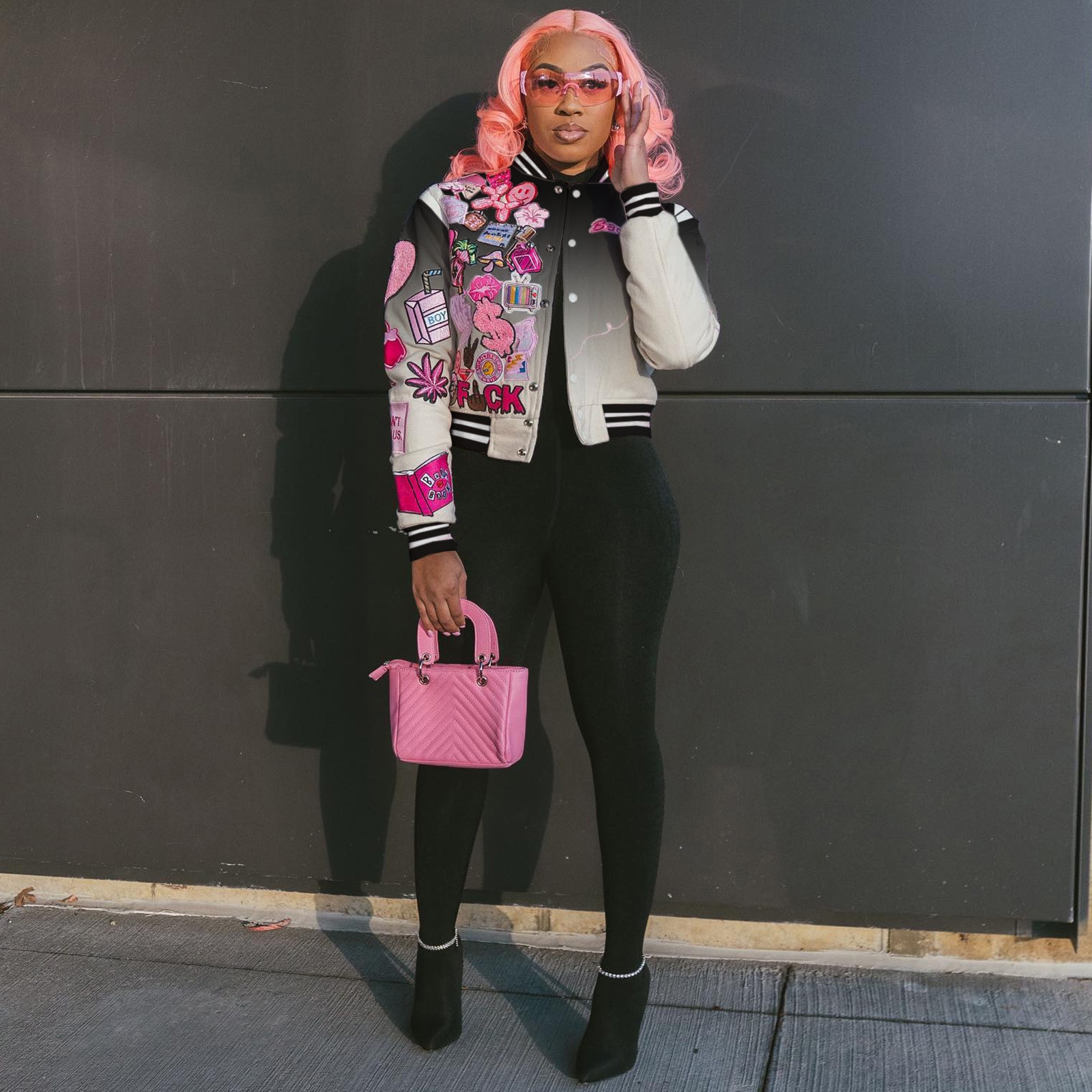 Women's Spring Casual Gradient Long Sleeve Coat Varsity Baseball Uniform Bomber Jacket Single Breasted Outdoor Streetwear