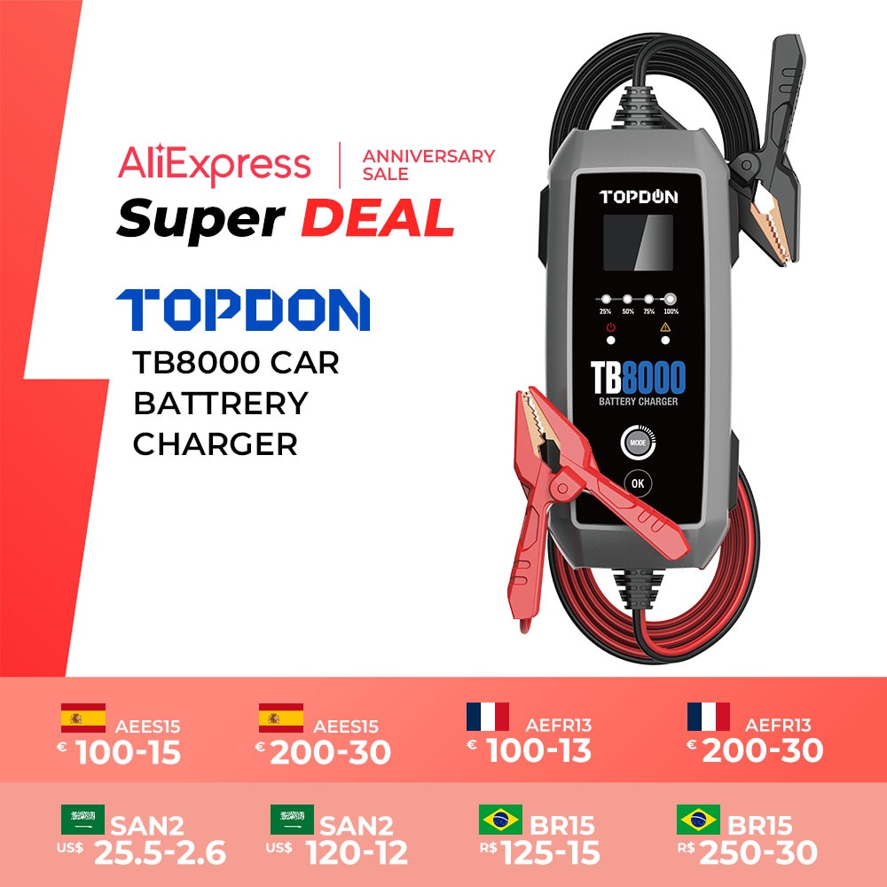 TOPDON TB8000 6v 12v 5a 6a 8a 3a Motorcycle Automobile Smart Lithuim Gel Car Battery Charger