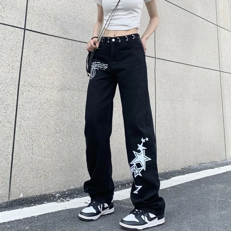 Y2k Nouveau Hip-Hop RéTro Rue Broderie Lettres Noir Jeans LâChe Pantalon Droit Hommes Et Femmes Couples Pantalon Large