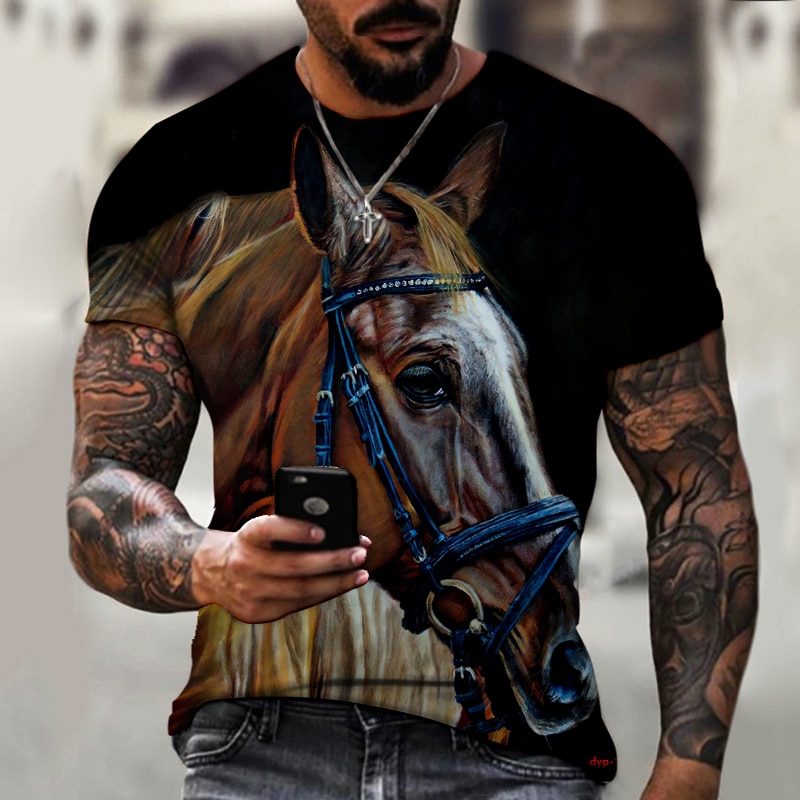 Summer Men's T-Shirt Horse Racing White Horse Shirt Men's Fashion Cool Horse Racing 3D Printed Shirt Plus Size Harajuku T-Shirt